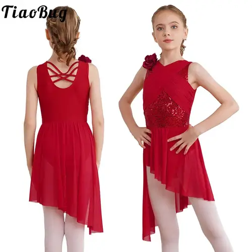 Vestido de baile lírico para niña, falda dividida de malla superpuesta transparente con lentejuelas, vestido de leotardo de gimnasia y Ballet, Ropa de baile para patinaje artístico