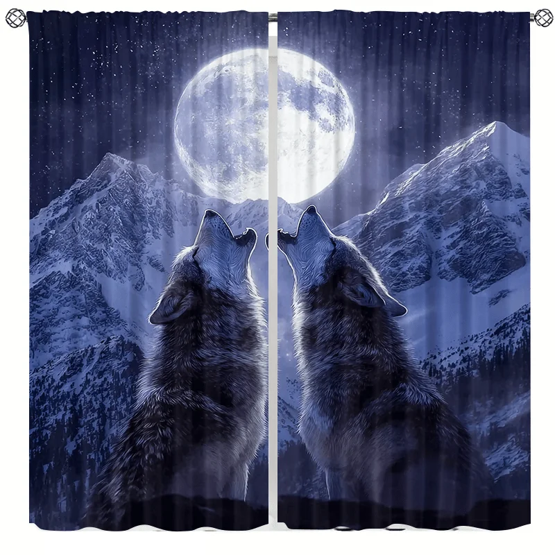 Snow Mountain Wolf Howling Animal Pattern Curtains, Digital Printing, Suitable for Living Room, Kitchen, Bedroom, Study Room