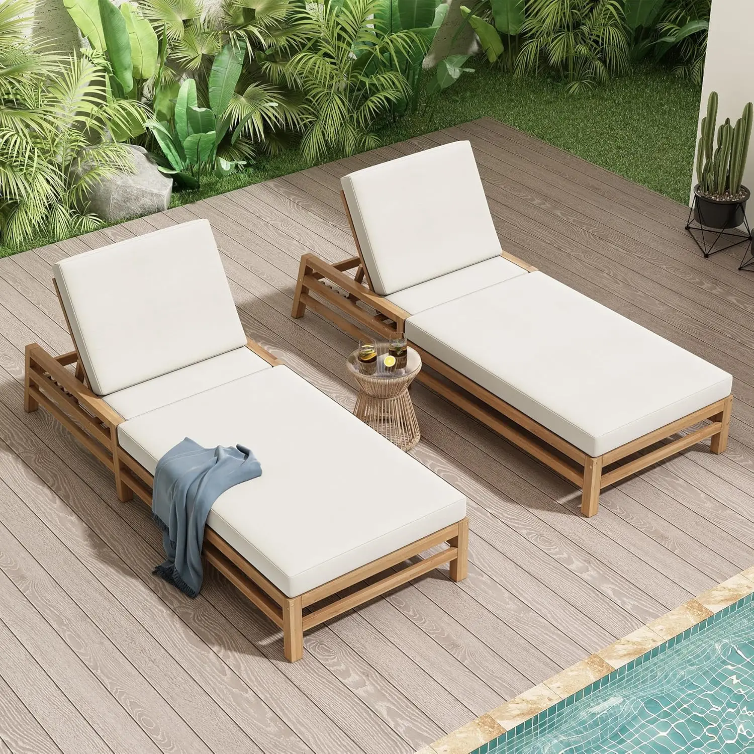 5 Position Adjustable Solid Wood Chaise Lounge Set 2PCS Thick Cushions Outdoor Pool Balcony Garden Recliner
