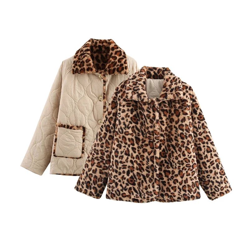 

Women Double Sided Quilted Pocket Leopard Print Jacket Single Breasted Cotton Coat Jacket Women Vintage Long-sleeved Outwear