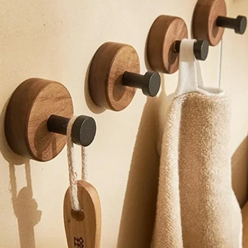 

Self-adhesive New Simple Solid Wood Hook Walnut Hanging Hanger Bathroom Wall Hook Bedroom Coat Storage Rack Home Towel Key Decor
