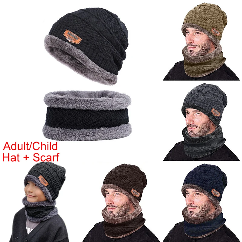 2022 Winter Beanie Hat for Men Knitted Hat Winter Cap Beanie Children Thick Wool Neck Scarf Cap Balaclava Mask Bonnet Hats Set