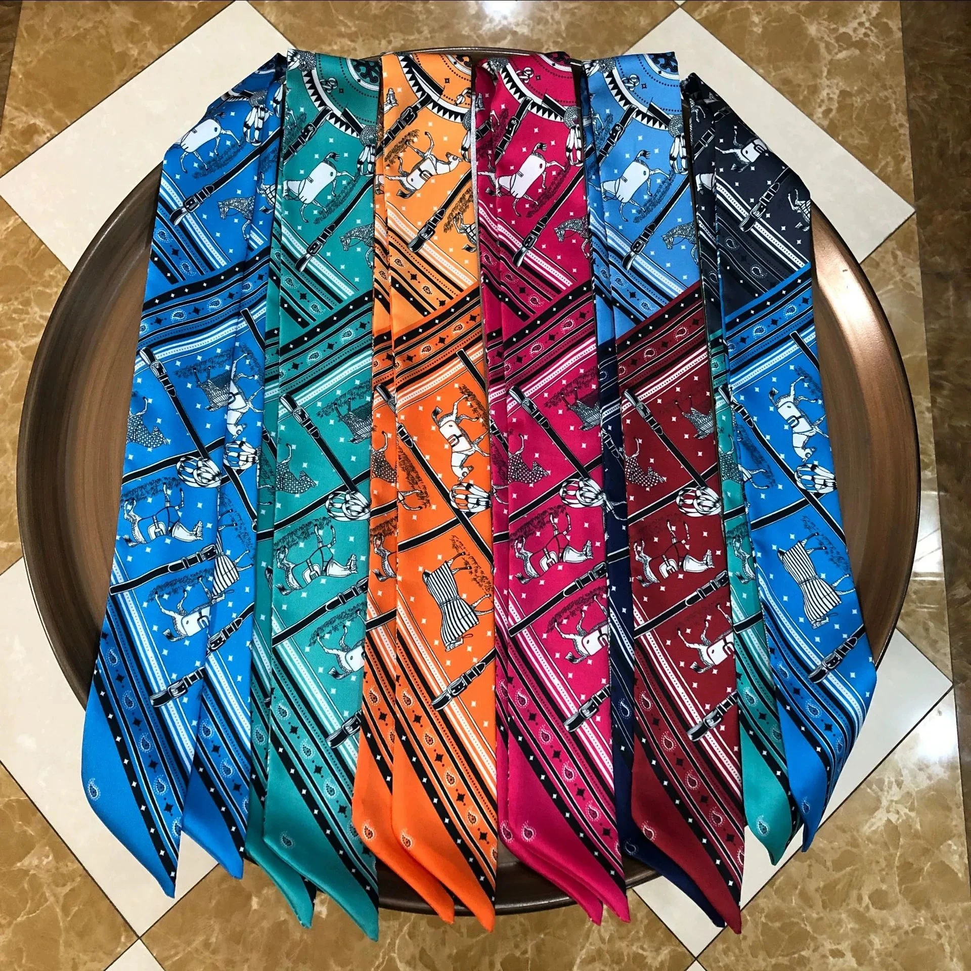 Длинный шарф из искусственного шелка в стиле ретро, 100x5 см, женский платок, узкая сумка, шарфы, шейный платок с принтом лошади, платок