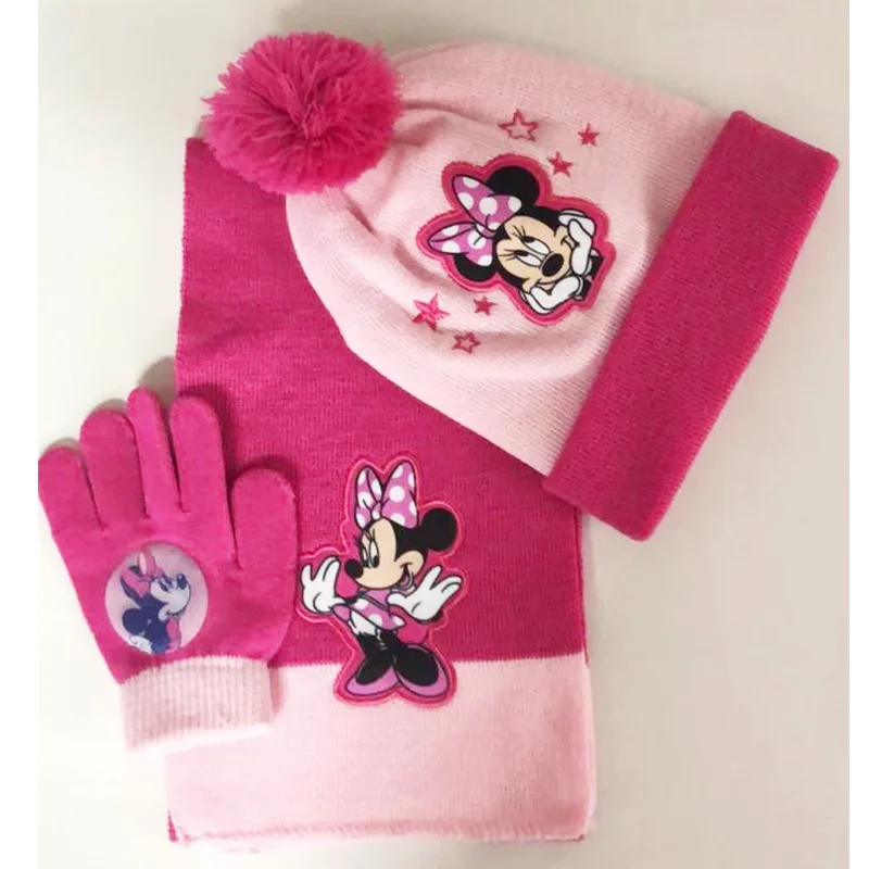 Disney Mickey Scarf Hat and Glove 3Sets Elsa and Anna Accessories Winter Keep Warm Knitting Woolen Yarn Frozen Head Cap for Kids