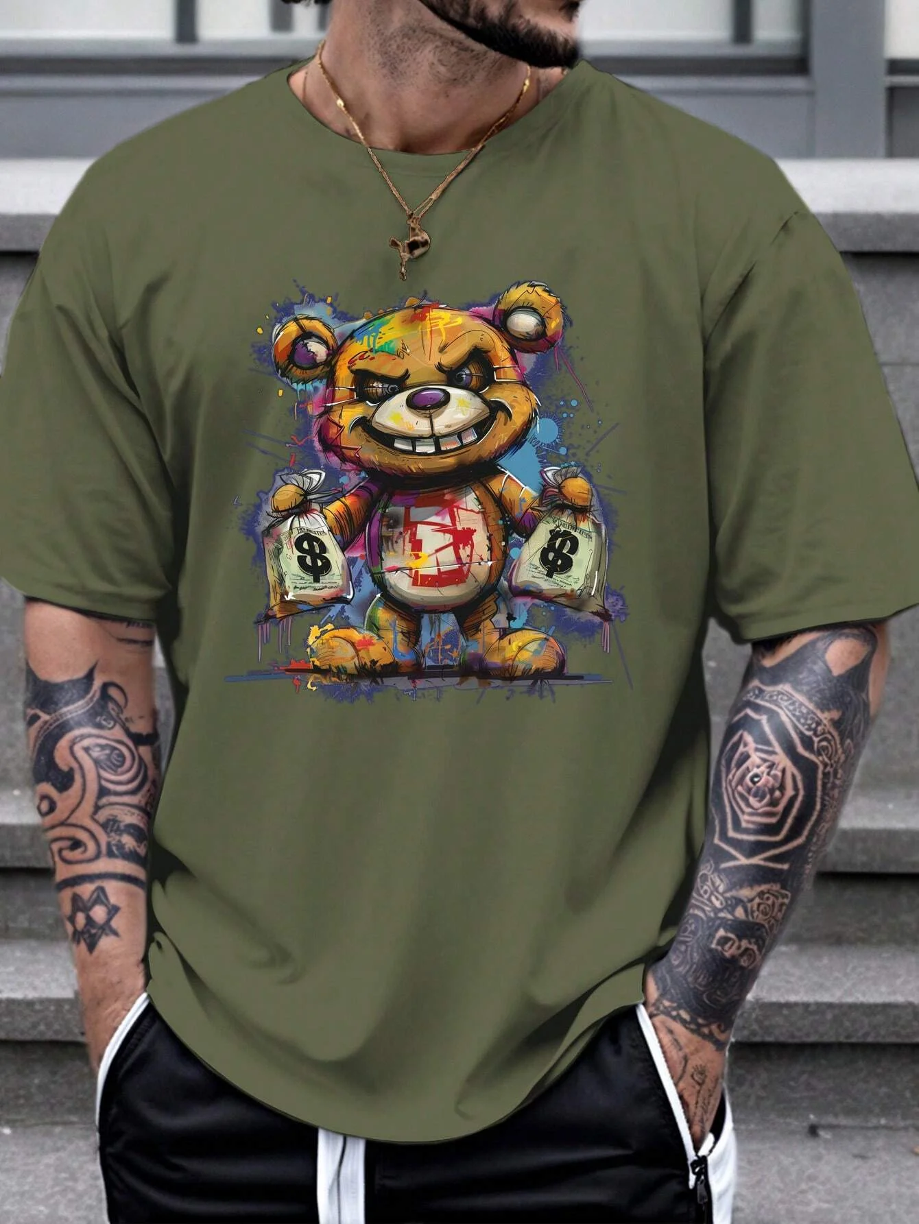 Men\'s 100% cotton summer loose size Cartoon Bear Pattern printed slim fit casual sports round neck short sleeved T-shirt top