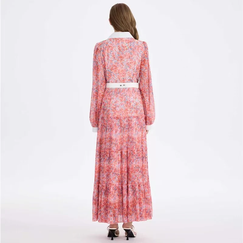 2025 New Arrives Chiffon Long Sleeve Floral Print Holiday Dress Boho Women Beach Party Pink Maxi Dress Elegant Vestidos Robe