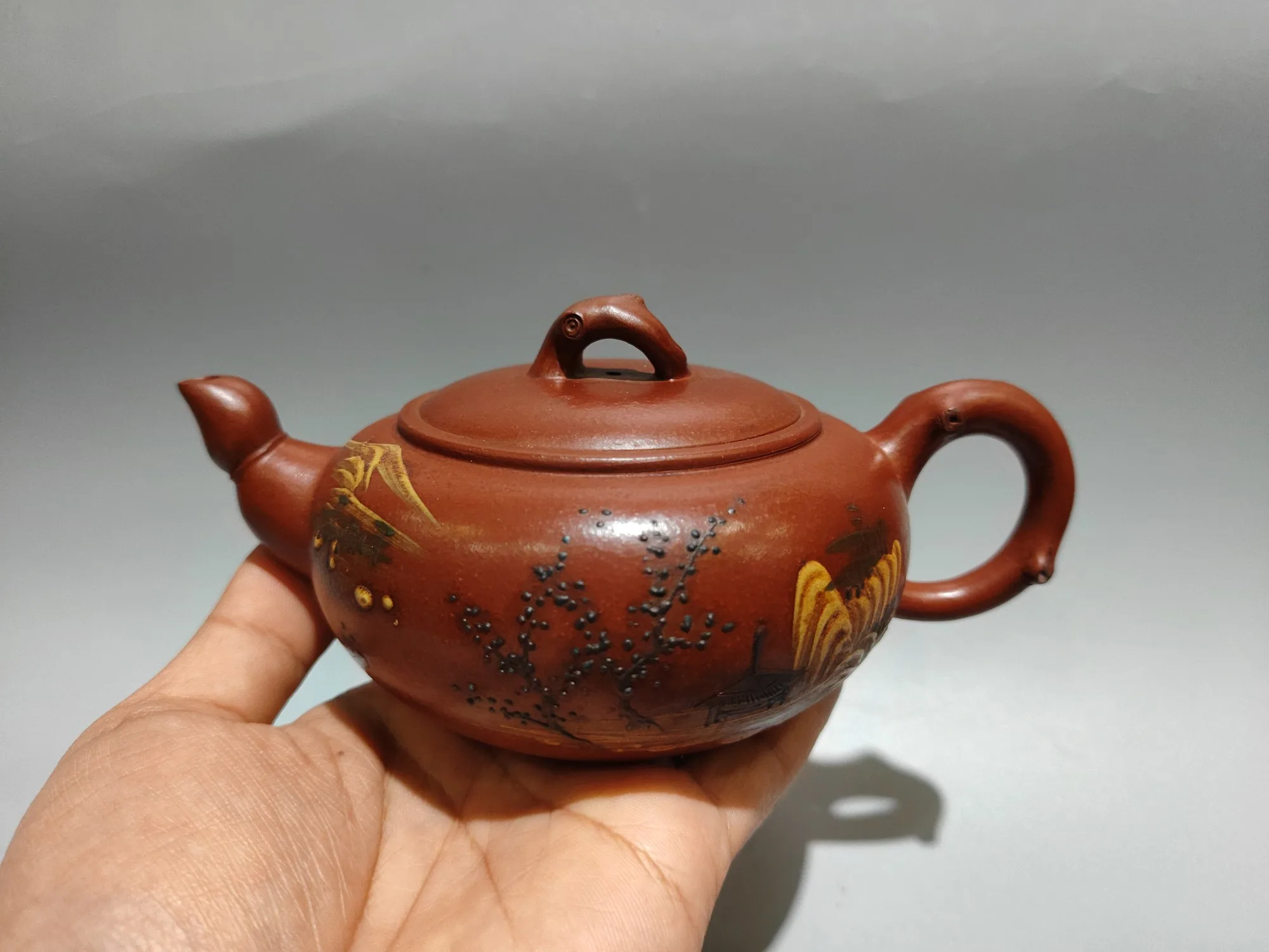 Yixing Purple Clay Teapot Old Red Mud Mud painting Landscape Pattern Pot Lotus Root Mouth Pot Kettle Teapot Flagon Ornaments