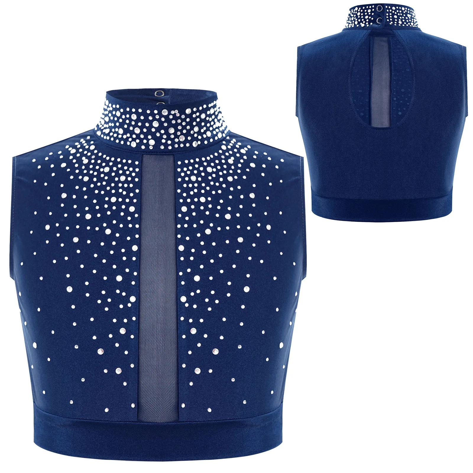 Girls Modern Lyrical Dance Set Mock Neck Sleeveless Crop Top with Irregular Mesh Skirt Rhinestones Skating Ballet Dancewear