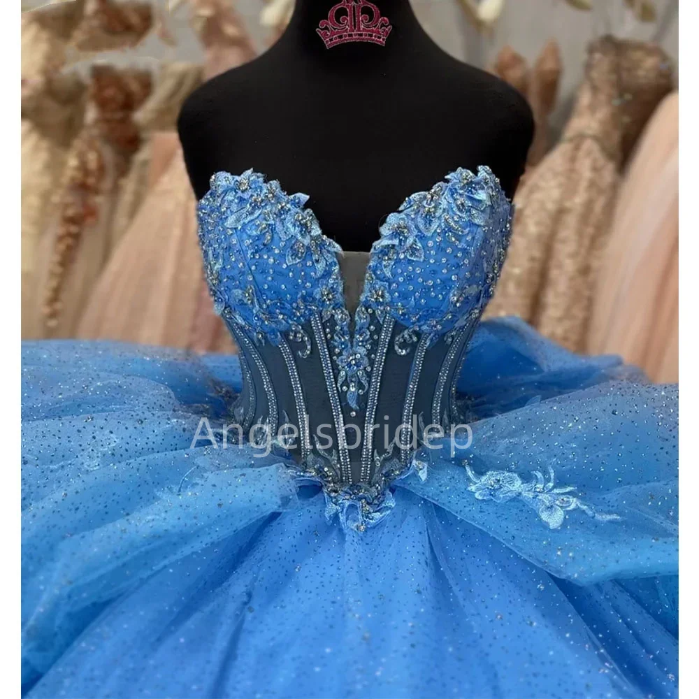 Angelsbridep ที่กําหนดเอง Sparkly คริสตัล Blue Ball Gown Quinceanera ชุด 2025 วันเกิด Party Vestidos De 15 ปี