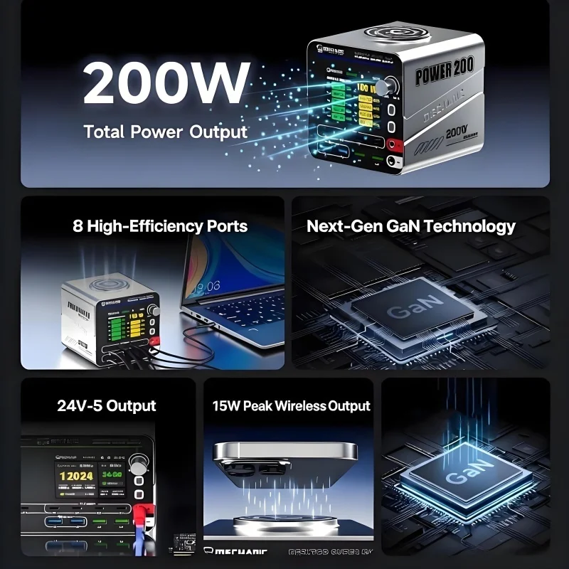 MECHANIC POWER 200W Desktop Fast Charging Power Station 3-24V 5A Regulated Supply PD65W QC22.5W for iPhone iPad Samsung MacBook