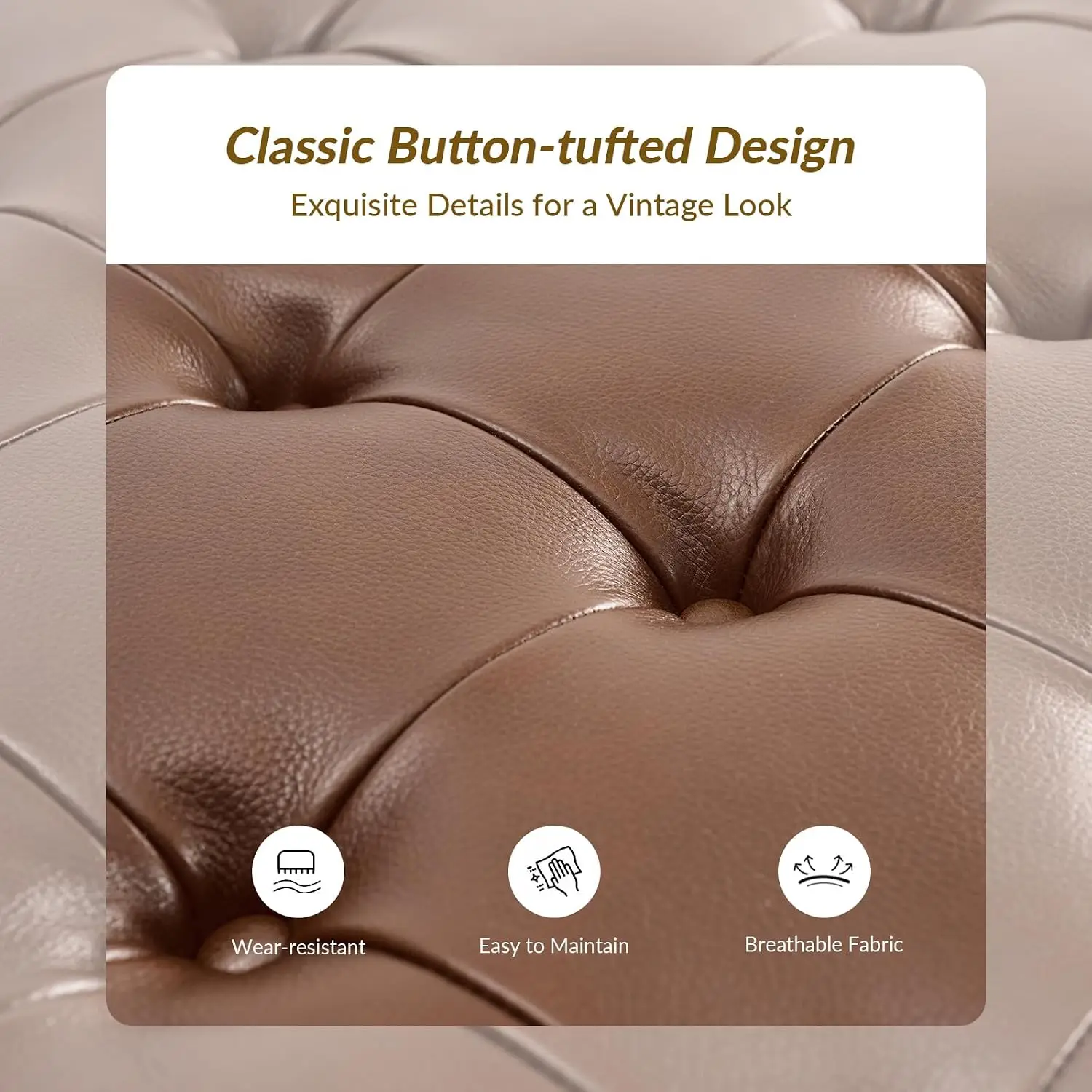 Upholstered Coffee Table Ottoman Leather Padded Seat Button Tufted Square Black Metal Frame Brown, Customized