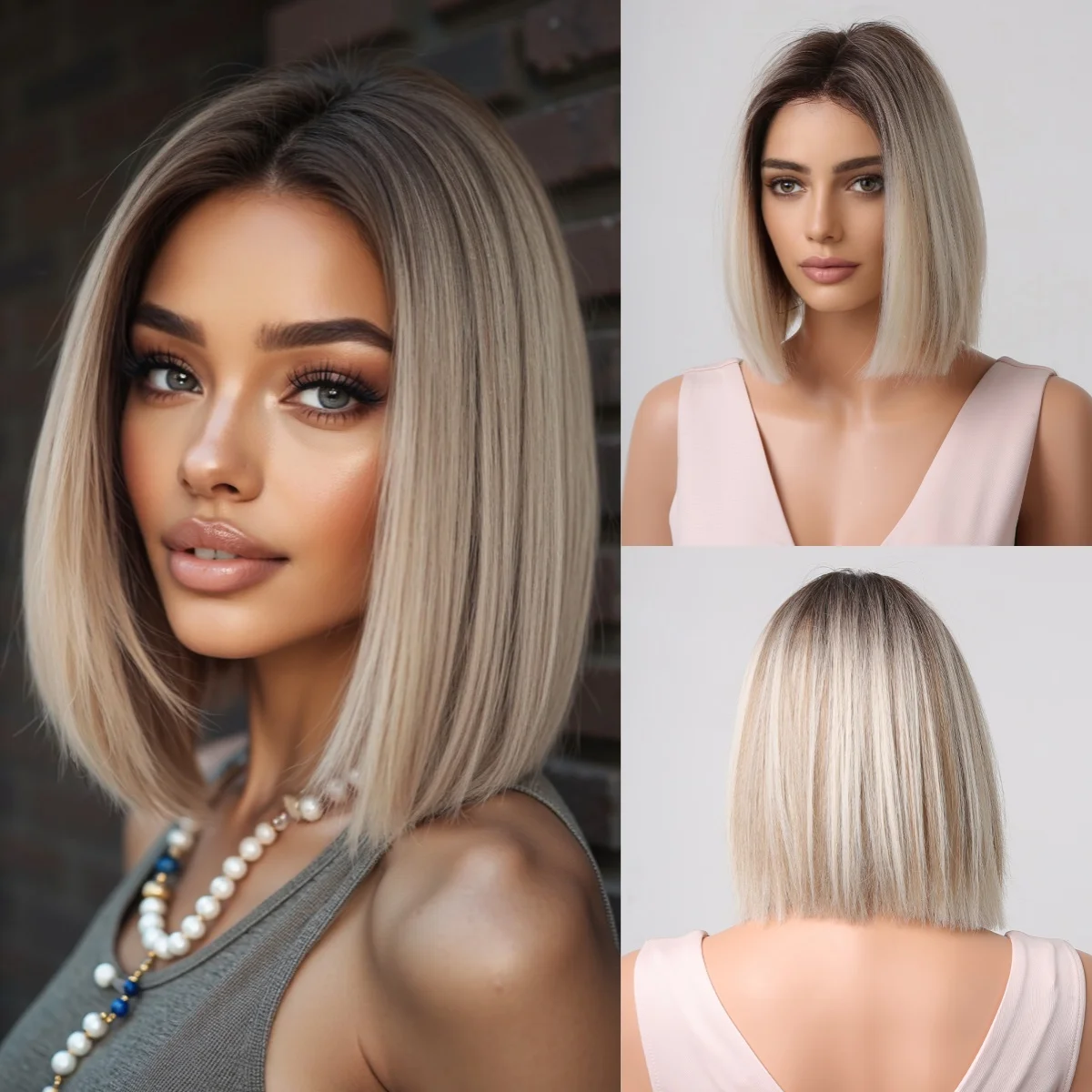 

Коричневые блондинки Ombre Синтетические парики Короткие прямые парики Боб для женщин Средняя часть Лолита Косплей Натуральные волосы Термостойкое волокно