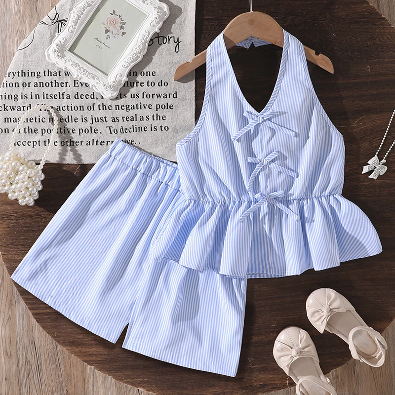 Girls 8-12 Casual Stripe 2-Piece Outfit, Front Halter Neck Peplum Top & Skort/Back Smocked Back, Comfortable Daily Kids Set