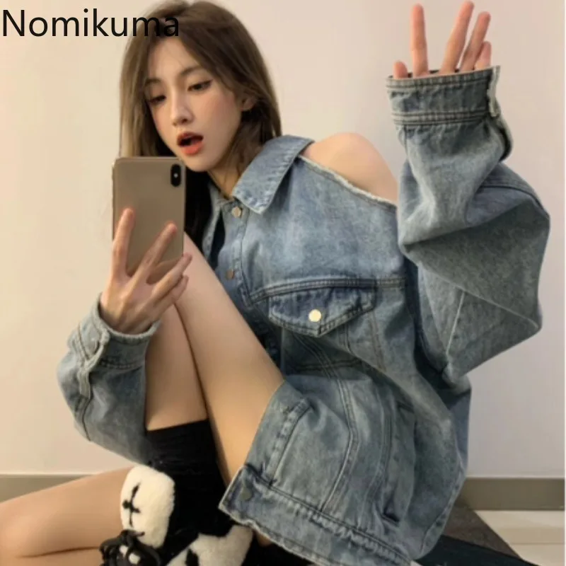 

Harajuku Denim Jacket Women's Clothing Streetwear Fashion Outwear Long Sleeve Off Shoulder Vintage Casual Coat Loose Y2k Tops
