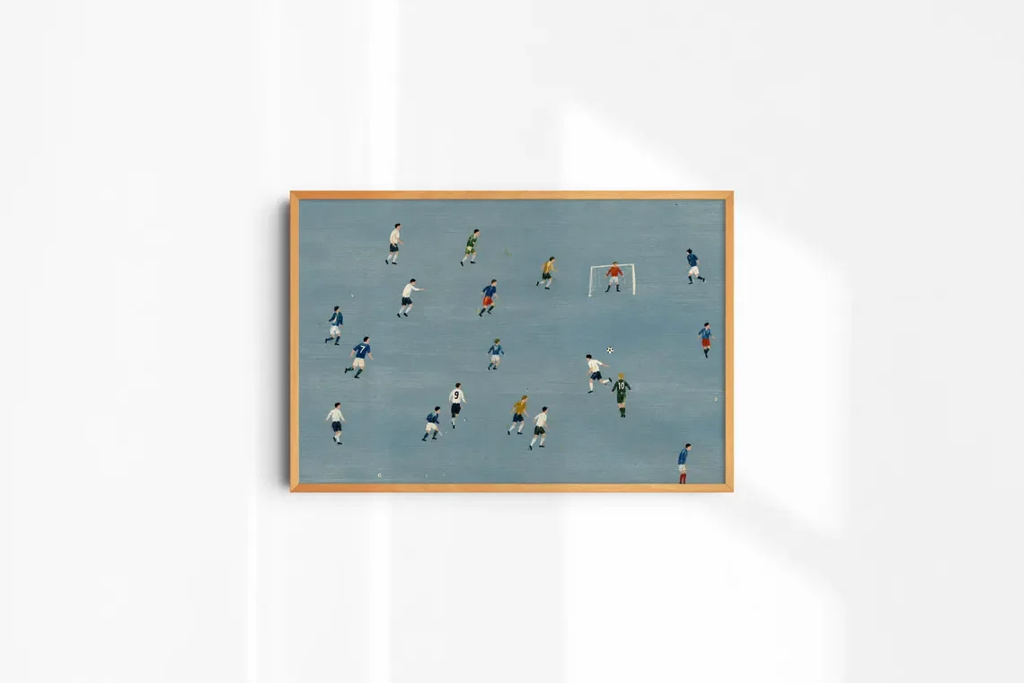 Football Wall Art Print, Blue Aesthetic Decor, Framed Soccer Canvas Poster, Sports Artworks for Living Room Bedroom Office, Gift