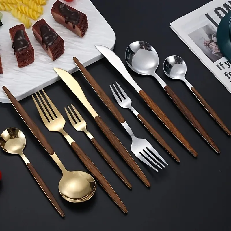 24Pcs Gold Cutlery Set Stainless Steel Flatware Wooden Handle Mirror Polished Steak Knife Fork Spoon Teaspoon Gift Box for Home