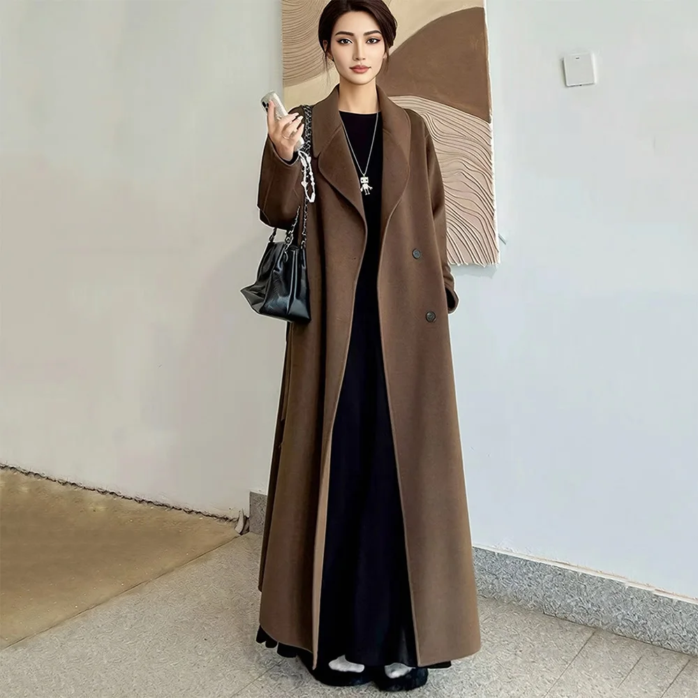 New Women Autumn Winter Double-faced Wool Coat Fashion Turn-down Collar Double Breasted Loose Wool Blends Coat Casual Daily Coat