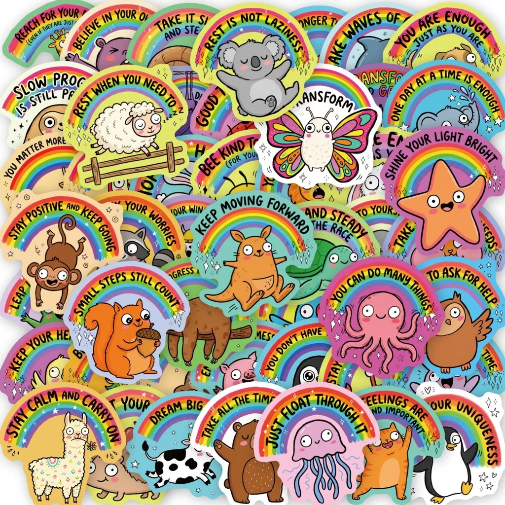 50Pcs Rainbow Animal Mental Health Stickers, Positive Energy English Quote Waterproof Decals for Journal DIY AnimeWorlds Store