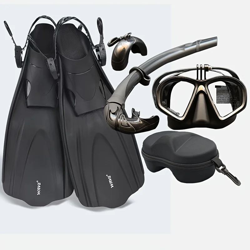 

1 set of diving equipment1 pair of professional snorkeling fins,1 diving mask with breathing tube,and a storage box with goggles