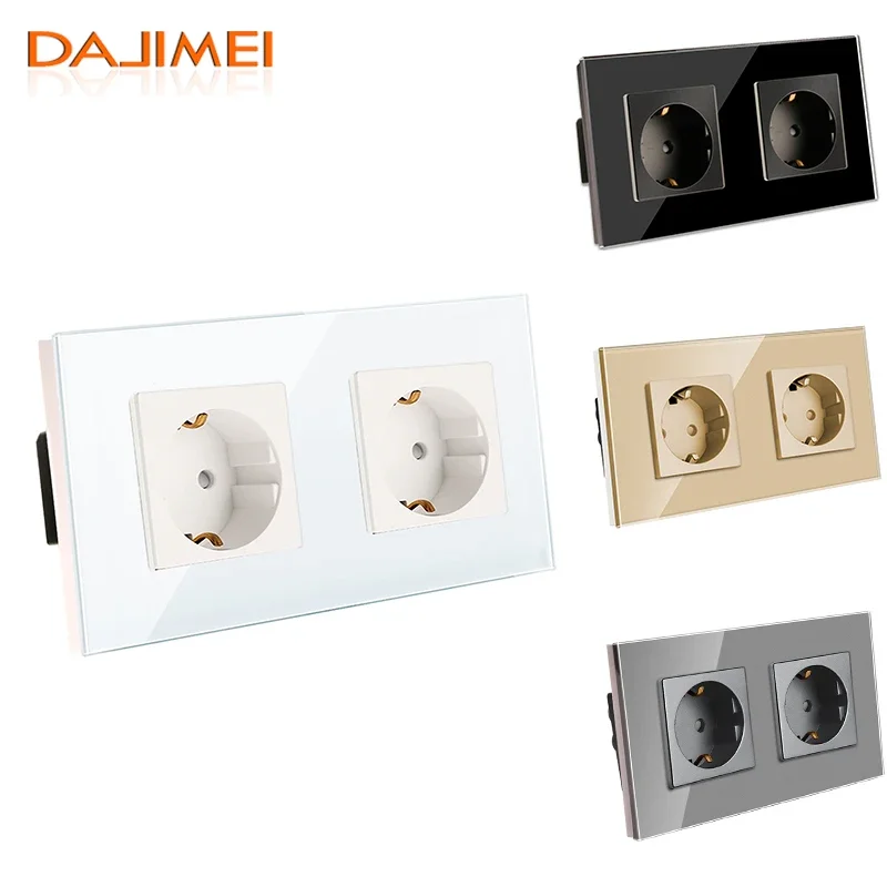 DAJIMEI EU Standard Double Wall Socket Crystal Glass Panel 157mm 16A White Grey Black Gloden Electrical Outlets for Home Improve