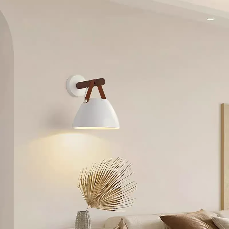 LED Bedside Wall Lamp Nordic Wood Leather Belt Hanging Sconces For Bedroom Study Living Room Modern Home Indoor Decorative Light