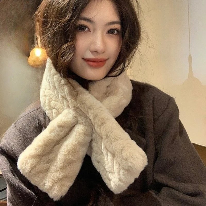 

Soft Fluffy Women Scarf Winter Thick Faux Turkey Rabbit Fur Neck Warmer Short Knitted Collar Korean Pure Color Easy Match