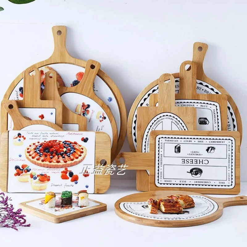 

European Wood Pizza Plate - Round & Square Cheese Baked Rice Tableware with Western Steak Plate & Dessert Bread Dish for Stylish