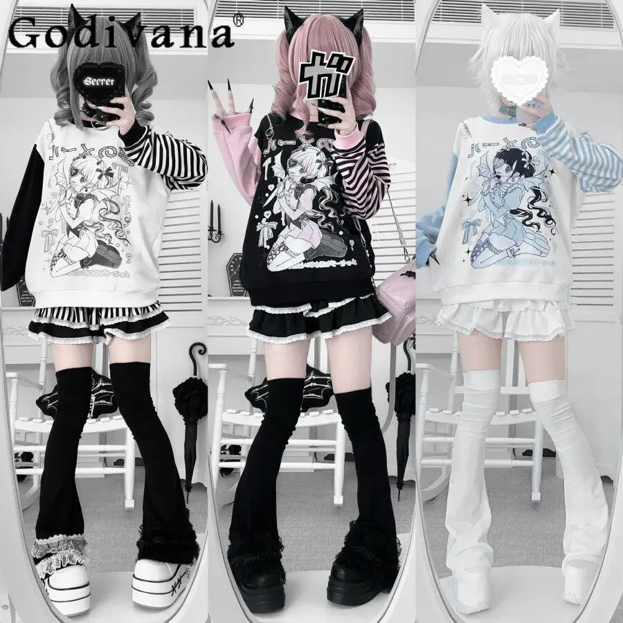 

Japanese Kawaii Cartoon Print Y2K Long Sleeve Top T-Shirt Spring Girls Zipper Off-Shoulder Loose Sweatshirt Student Y2K Hoodies