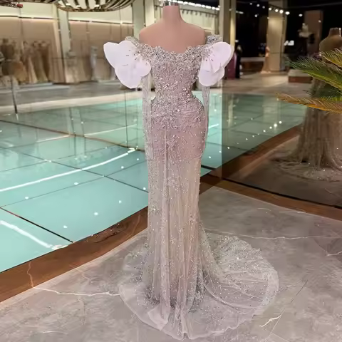 2025 Ivory Off-Shoulder Mermaid Prom Dress Long Sleeve Illusion Evening Dress Strapless Engagement Party Dress Customized