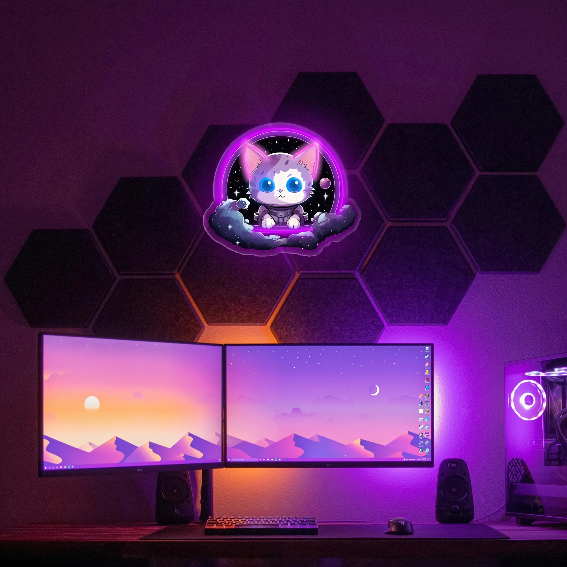 Space Cat Neon Sign LED Wall Art Astronaut Feline Galaxy Purple Glow USB Powered Dimmable Acrylic Lamp Bedroom Party Decor