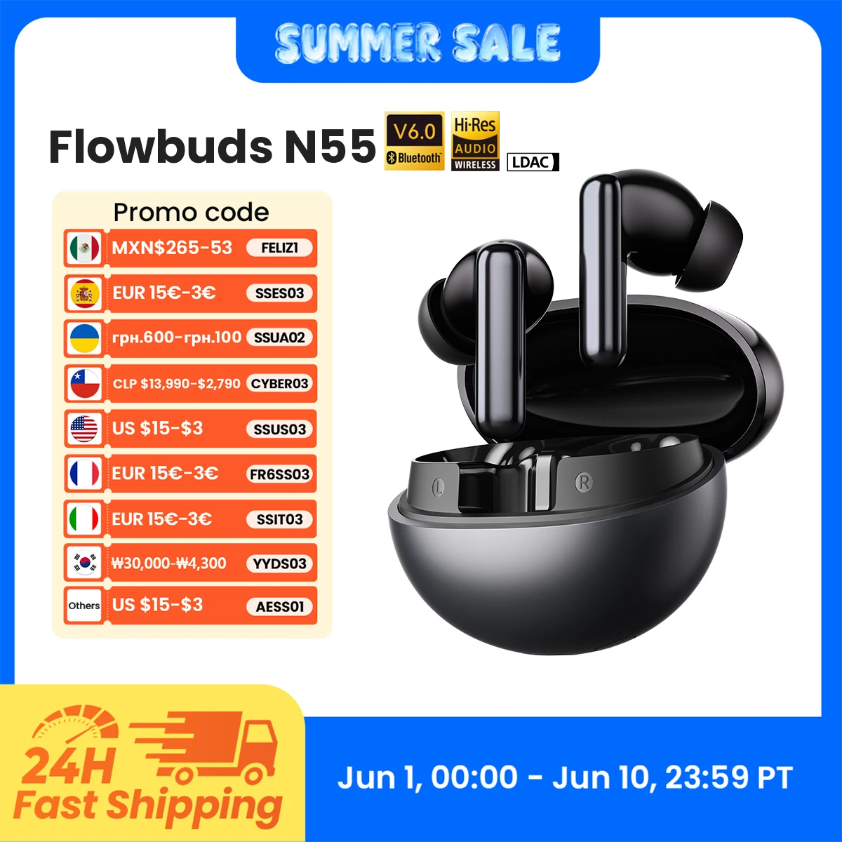 HAYLOU Flowbuds N55 무선 이어버드 54dB 적응형 ANC 블루투스 6.0 LDAC 고해상도 오디오 6-마이크 ...
