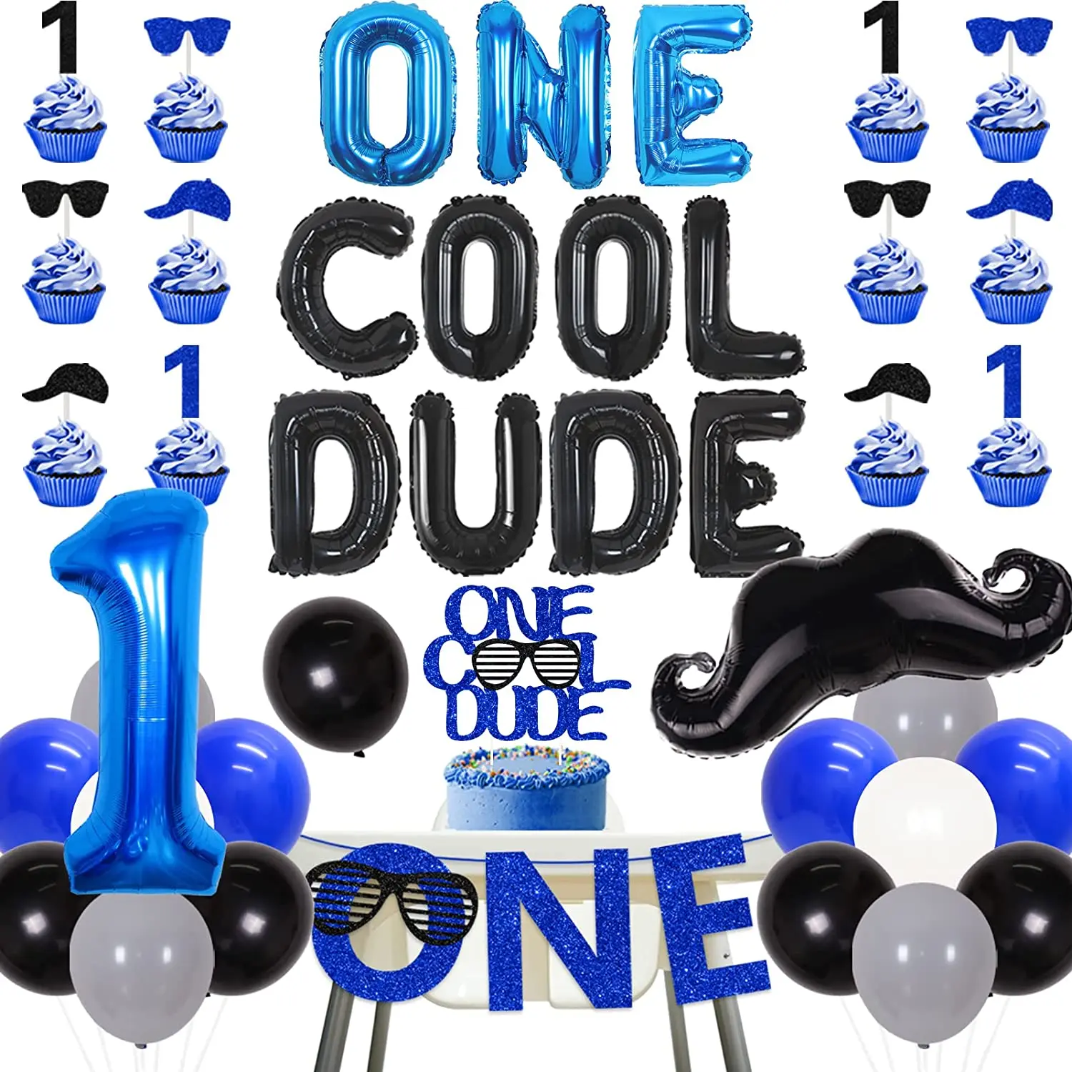 

KREATWOW-One Cool Dude Birthday Decorations, One Cool Dual Balloon, One High Chair Banner for Baby Boy, Party Supplies