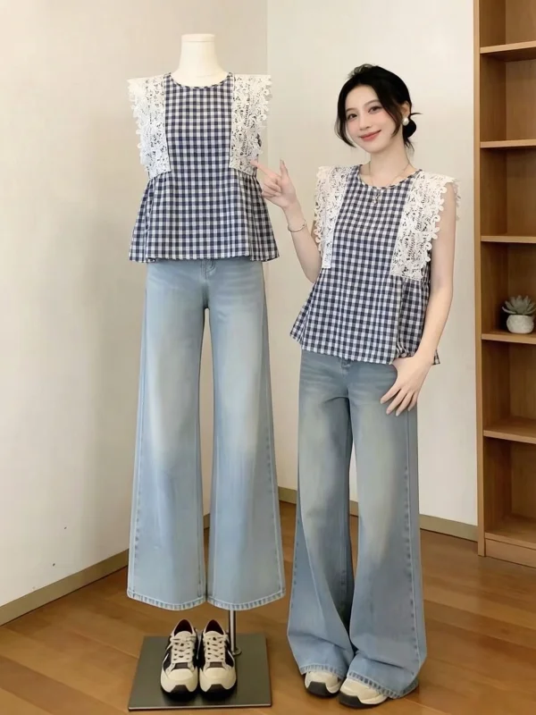 

Blue Plaid Lace Patchwork Shoulder Women's Shirt Spring Summer New Style plus Size Doll Top Sleeveless Korean Style Loose Fit