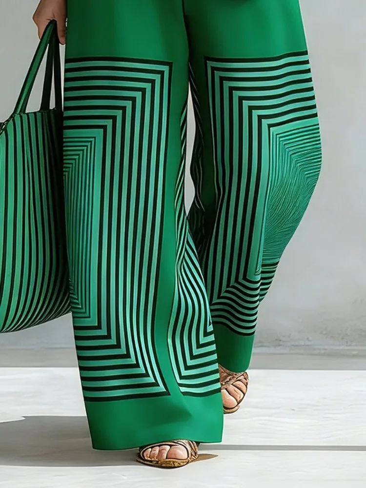 Yeezzi 2026 Neue Damenmode Geometrisch Gestreifte Bedruckte Weite Hose mit Elastischem Bund Lässige Palazzo-Hose – Detail 8