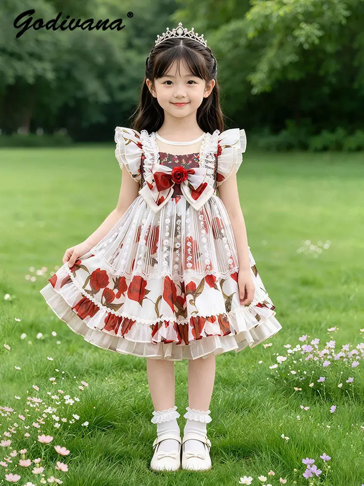 Baby Girls Sweet High End Fashion 2026 Summer New Lolita Dress Kids Fefei Sleeve 3D Floral Print Mesh Patchwork Casual Dress