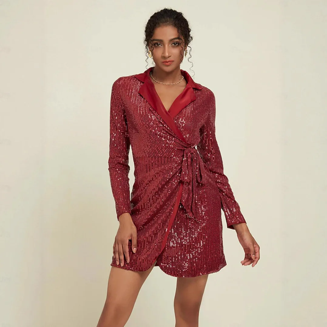 2025 nueva moda Sexy cintura ceñida multicolor Rhinestone solapa vestido con marco