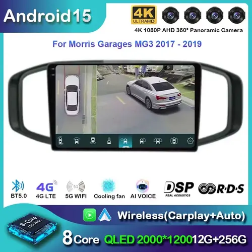 Android 15 Carplay Radio de coche para Morris Garages MG3 2017 2018 2019 navegación GPS reproductor Multimedia estéreo WiF + 4G 360 cámara BT