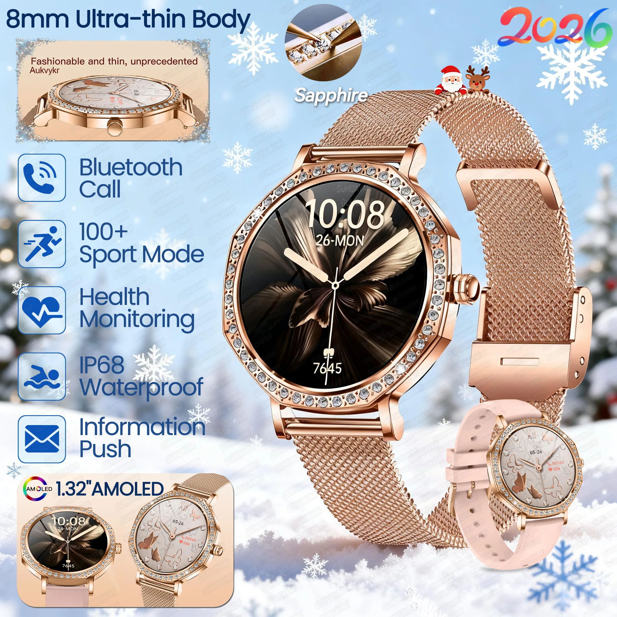 

2026 Fashion Women Watch 8mm Ultra-thin Smart Watches 1.32"AMOLED Full Touch Screen BT Call Smartwatches For Android IOS Ladies