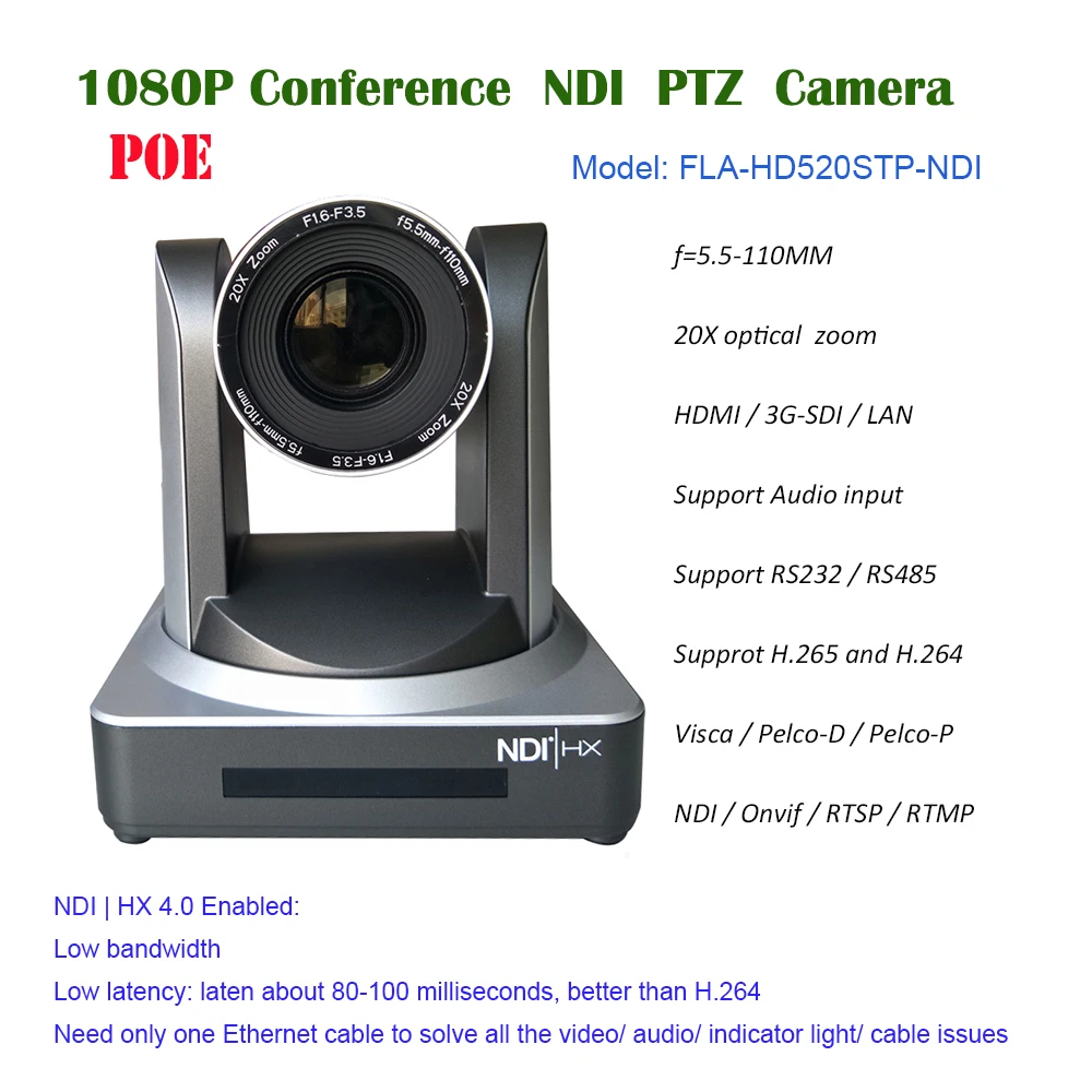 2MP HD 20x Zoom Broadcasting Live Streaming Video Conference NDI IP POE Camera with HDMI / SDI / A-IN Interfaces