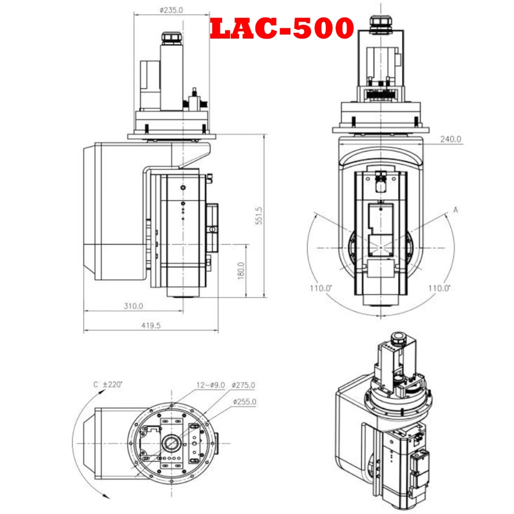 Il meccanismo di rotazione del braccio oscillante a testa a cinque assi a forma di L CNC LAC-500 è adatto per macchine per incidere e fresatrici