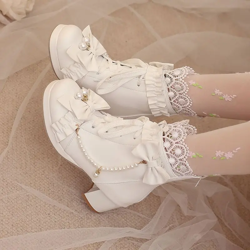 

ORCHALISA Женские ботильоны в стиле Лолиты Розовый Черный Sweet Bota 31 32 Круглый носок Блоковые каблуки 5 см Платформа Молния Кружева Бант Жемчуг