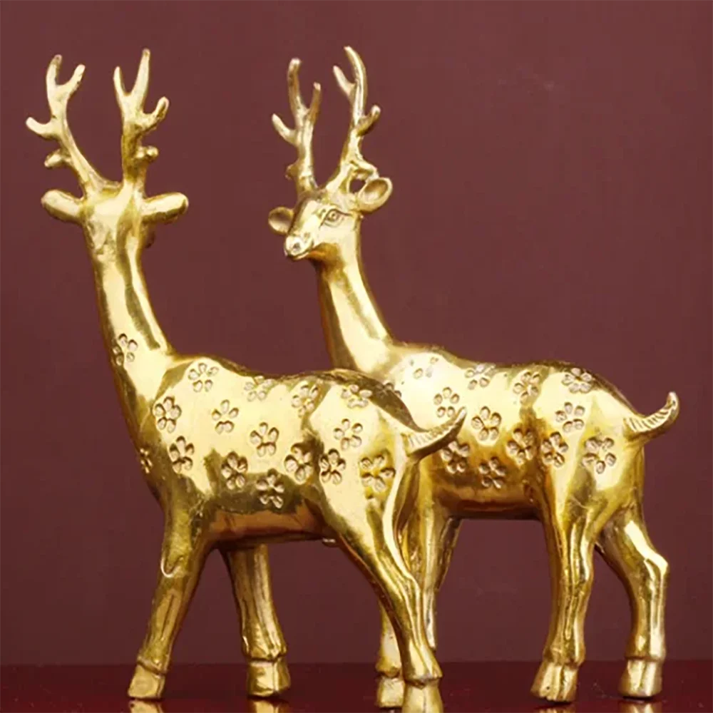 A Pair of Pure Brass Sika Deer for Attracting Wealth, Home Furnishings, Feng Shui, Living Room, Office Decorations and Ornaments