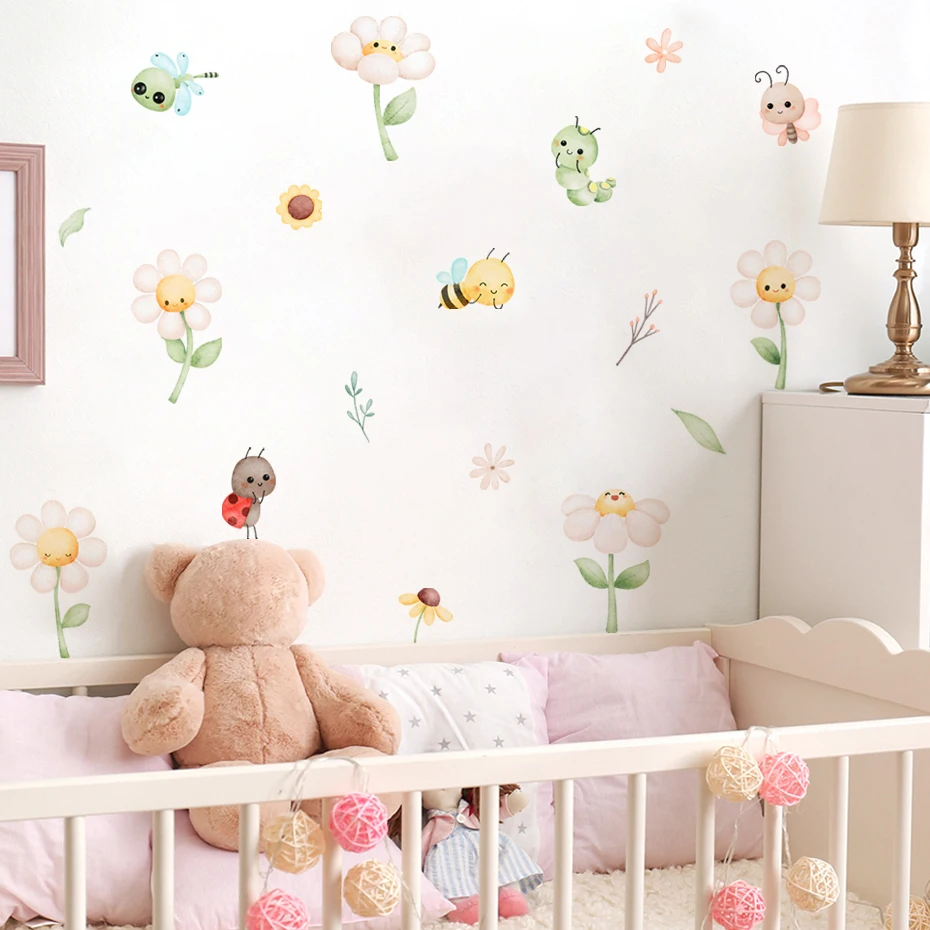 

Cartoon Cute Bee Flowers Watercolor Wall Sticker Nursery Child Room Wall Art Decal Kids Room Vinyl Bedroom Living Home Decor