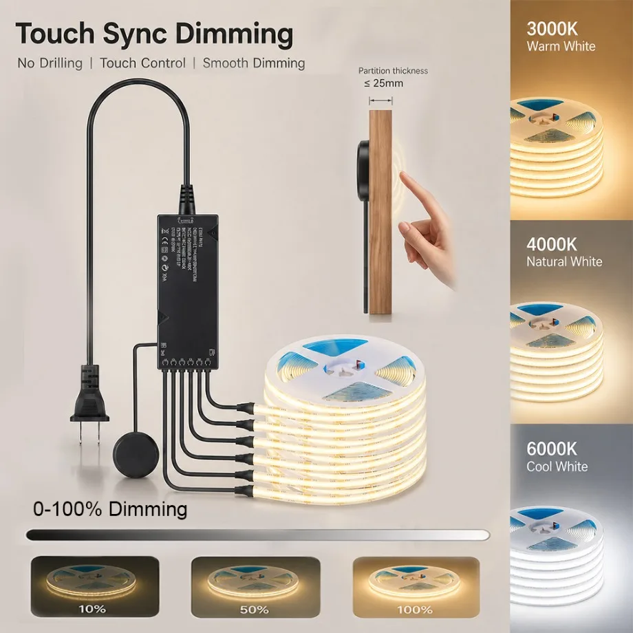 6-1PCS Touch Sync Dimming COB Light Strip Set Optional EU/US Plug for Bedside Wardrobe Backlight Bar Counter Decor Lighting