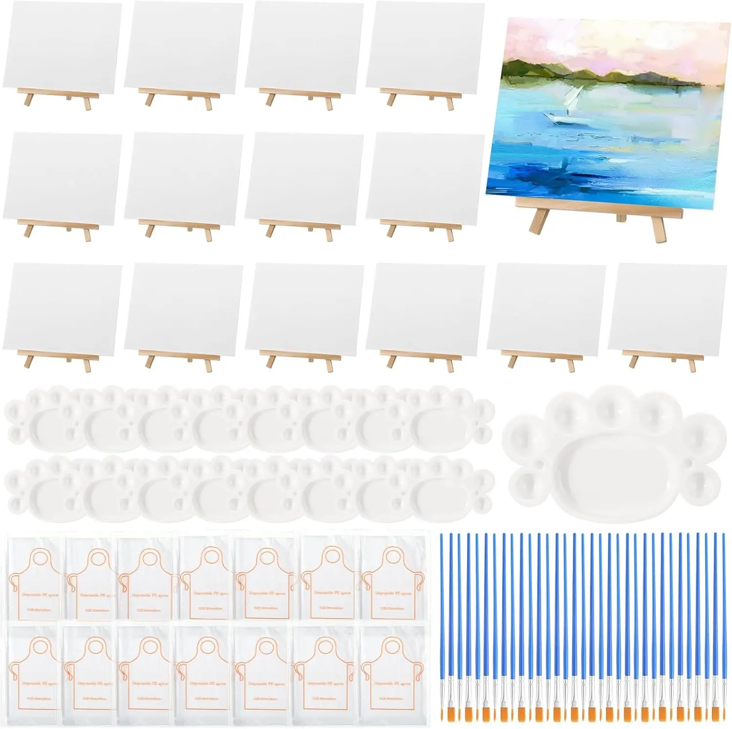 

104 Pcs Mini Canvas Easel Set for Painting, 8 x 10 Inch Canvas Panels with 6 Inch Wooden Easels Brushes Palettes Aprons