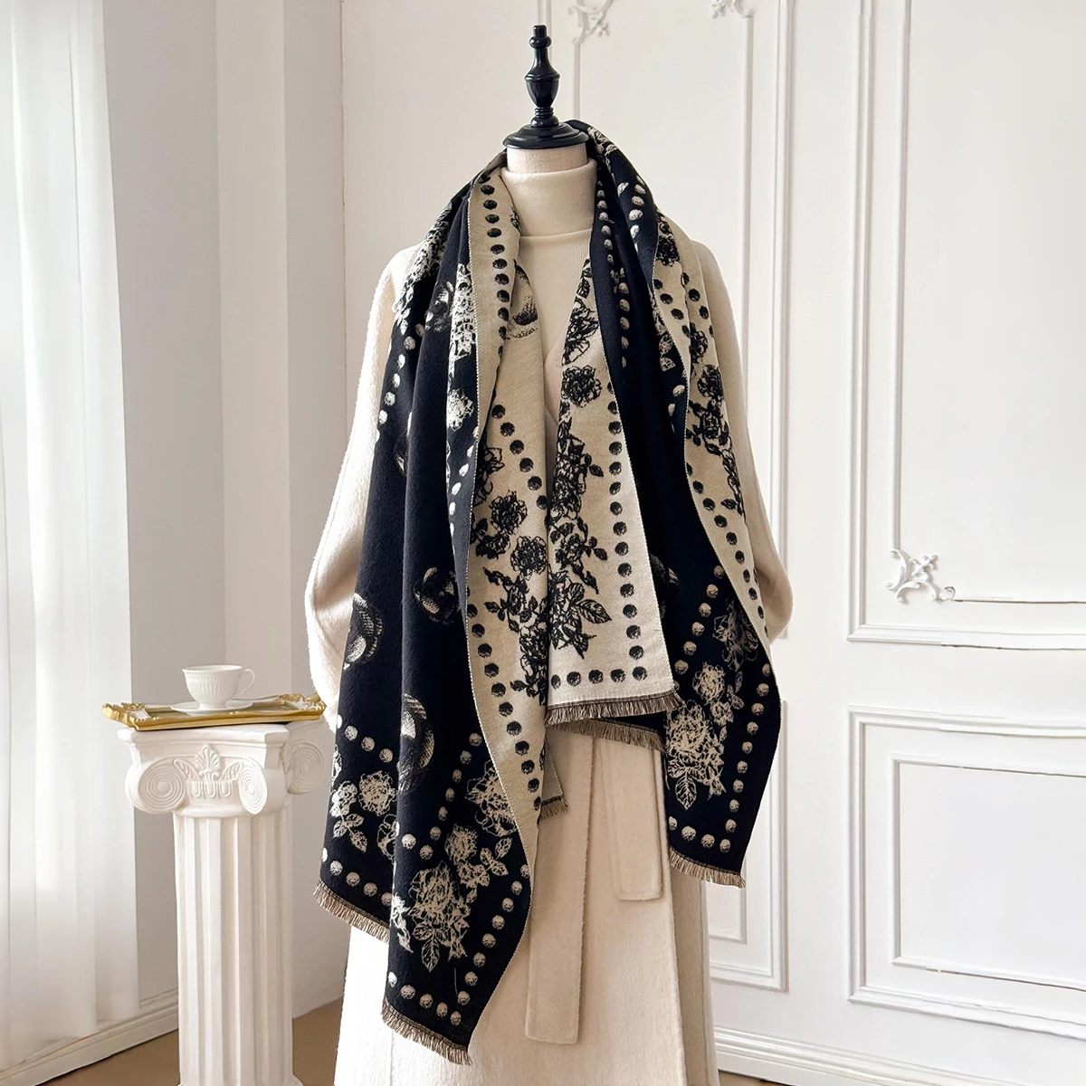 Nueva moda mujer imitación cachemira abrigo de invierno estampado Vintage borlas grueso cálido Pashmina bufanda de dos caras chales al aire libre Foulard