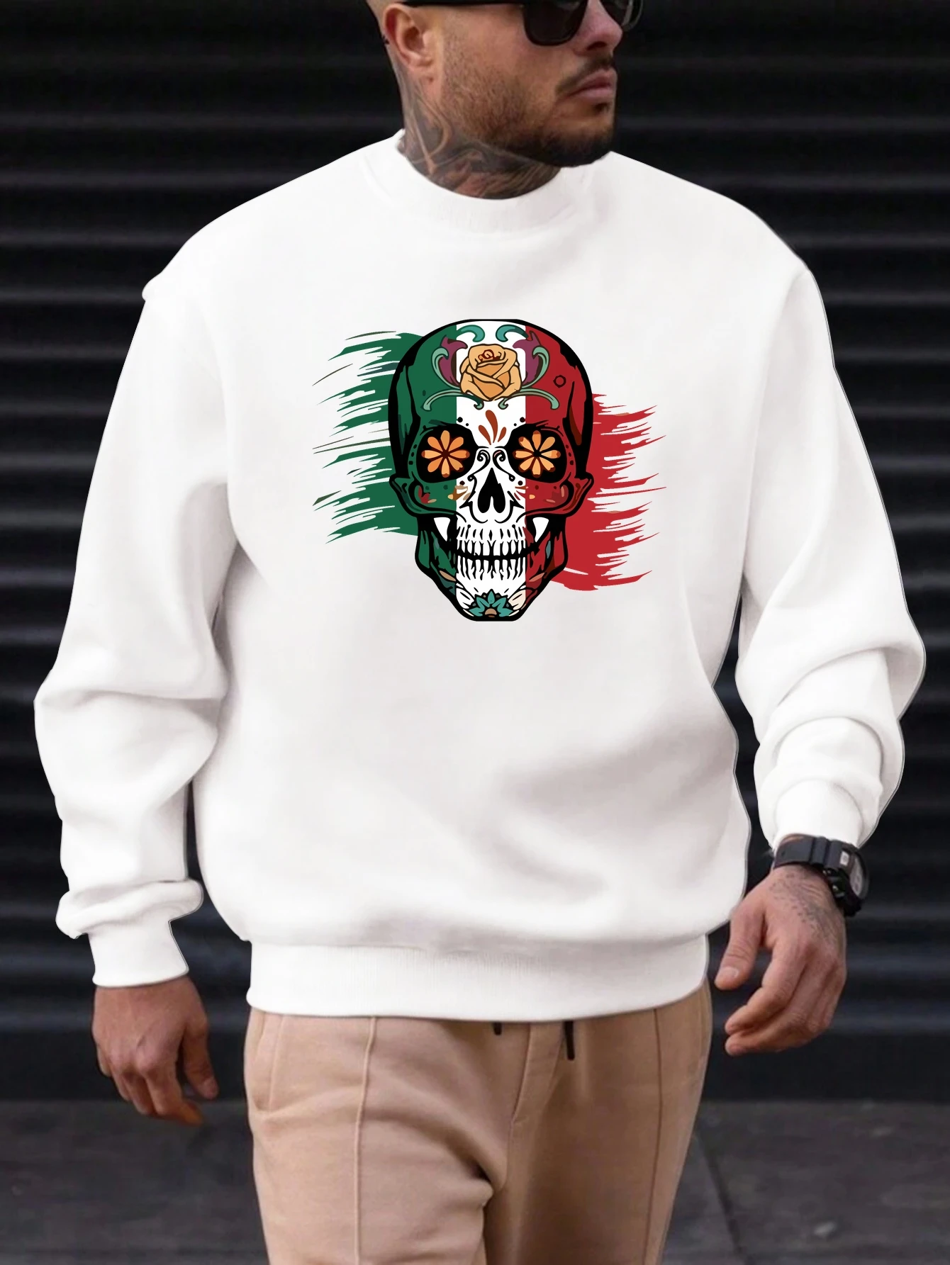 

Mexican Sugar Skull Print Men's Autumn Winter Vintage Streetwear Long Sleeve Crew Neck Soft Cotton Sweatshirt Daily Hot Sale
