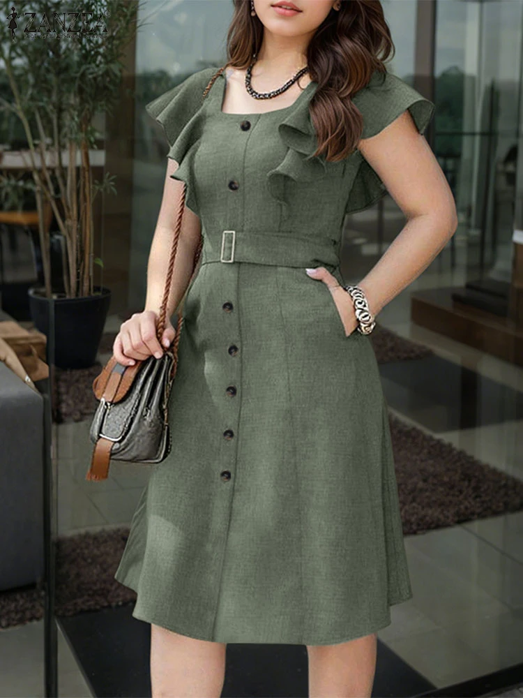 

ZANZEA Elegant Office Lady Dress Women Summer Short Sleeve Ruffled Vestidos Casual Solid Color Square Collar Party Midi Sundress