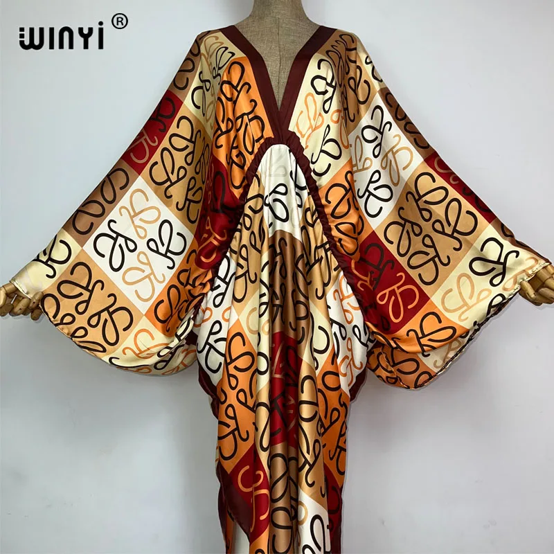 Sexy beach high-quality hand-rolled feel silk rayon fashion print 2023 WINYI Maxi women\'s robes long beach V-neck Bohemian dress