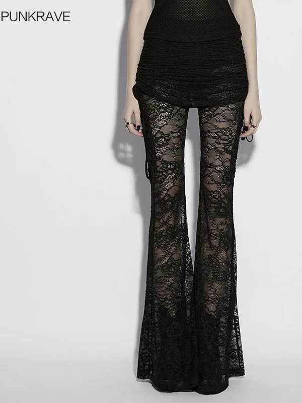 Gothic Style Lace Pleated Flared Pants Black See-through Casual Trousers Women High Waist Slim Fit Base Layer Pants — купить у AliExpress WW